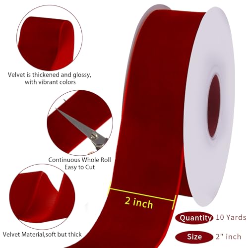 Image of Tsorode 10 Yards Red Velvet Ribbon for Christmas Tree,2 Inch