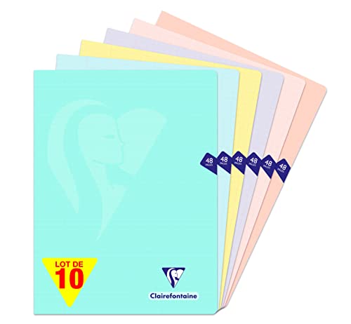 Clairefontaine 308311C Lot de 10 Cahiers Agrafés Mimesys PASTEL - 24x32 cm - 48 Pages Grands Carreaux - Papier Blanc 90 g - Couverture Polypro Opaque - Couleurs...