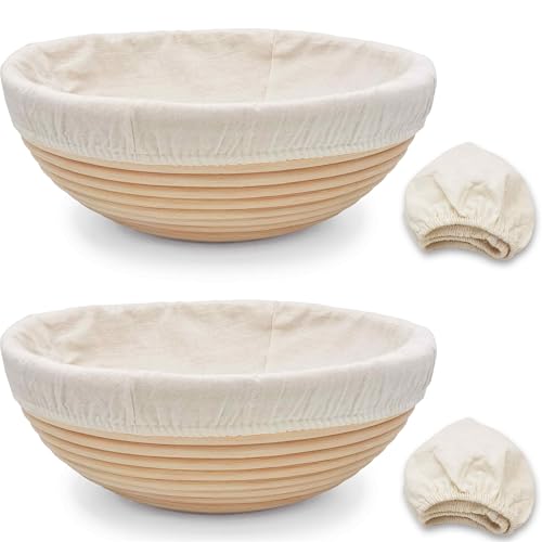 Banneton Bread Proofing Basket set of 2, 9.8 Inch Round Sourdough Proofing Baskets with Liner,Dough Proofing Bowls,Made of Natural rattan,for Sourdough Bread Baking Supplies