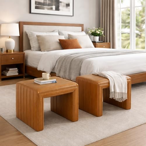 Image of HomePop 19 inch Modern Channel Tufted Ottoman - Carmel Brown Faux Leather
