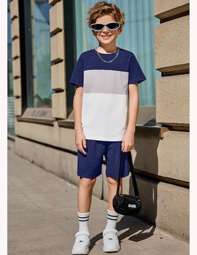 Image of Arshiner Boys' 2-Piece Cotton Outfit Color Block T-Shirt and Shorts Set Summer Camo Clothes for Kids 5-14 Years
