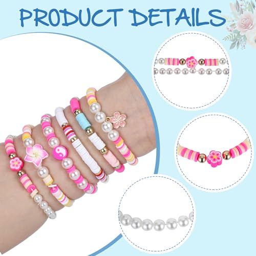 Sureio 24 Pcs Bohemia Hawaiian Plumeria Rubra Tropical Flower Friendship Bracelets for Party Favors Heishi Surfer Beaded Stretch Bracelets Y2K Pearl Bracelets Summer Beach Holiday Jewelry3