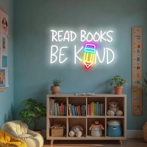 Image of Read Books Be Kind Neon Sign, Classroom LED Light, Library Wall Decor for Kid, Motivational Neon Light, Kindergarten Decor, Custom Neon Sign