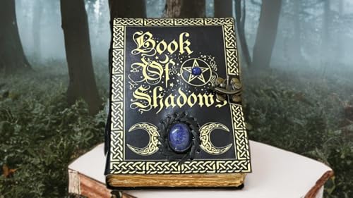 Image of Blank Spell Book of Shadows with Celtic Lapis Stone - Vintage Leather Journal with Lock, Grimoire Junk Journal, Leather Sketchbook Notebook, 200 Deckle Pages - Witchcraft Gift for Him & Her