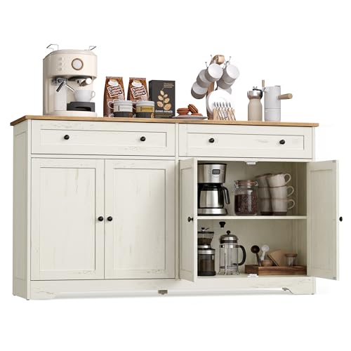 VASAGLE Siren Colección - Aparador, Armario Almacenaje, con 2 Cajones y Estantes Ajustables, 4 Puertas, Rincón de Café, 40 x 140 x 80 cm, Blanco Rústico LSC541WJ01