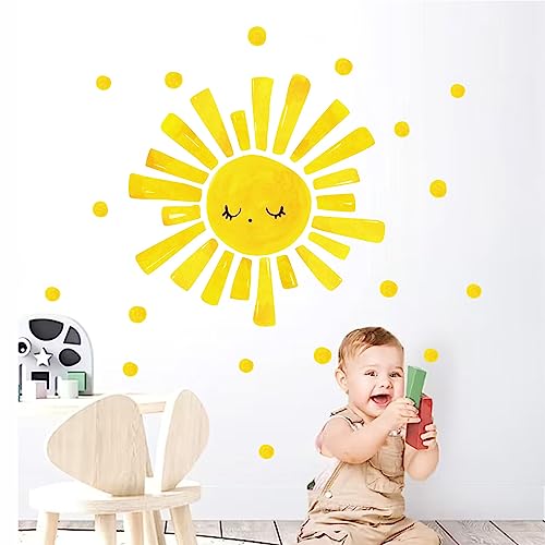 MOSITU Large Sun Wall Decal 37 Pcs Yellow Sunshine Stickers with Small Polka Dot Watercolour Boho Sunlight Wall Decals for Nursery Bedroom Playroom Kids Room Decor - Image 4