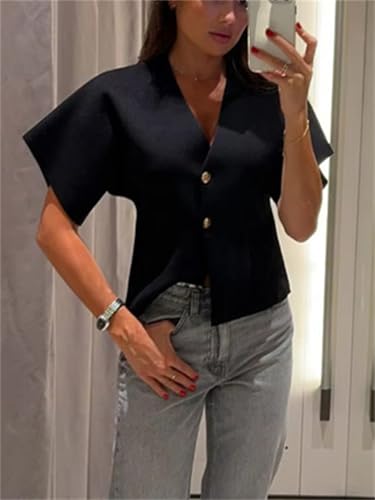 Image of hathne Women's Short Sleeve V Neck Cardigan Lightweight Knit Sweater Button Down Office Casual Tops