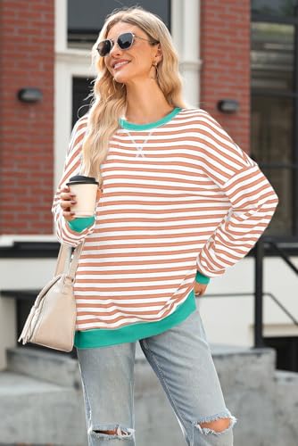 Image of AlvaQ Womens Oversized Sweatshirt 2024 Casual Crewneck Long Sleeve Colorblock Striped Pullover Tunic Tops Outfits