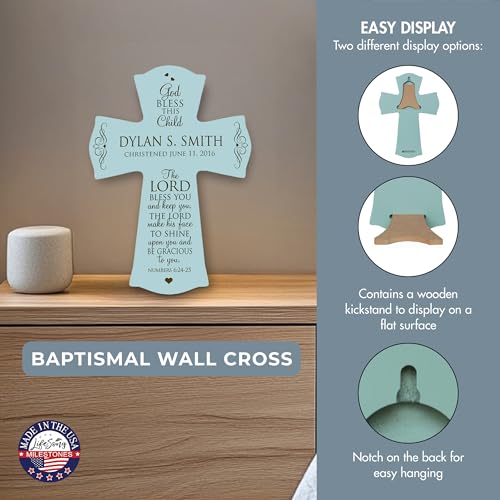 Image of LifeSong Milestones Personalized Baptism 1st Holy Communion Christening Wall Cross Decoration God Bless This Child the Lord Bless You and Keeps You (8.5 inch x 11 inch, Blue)