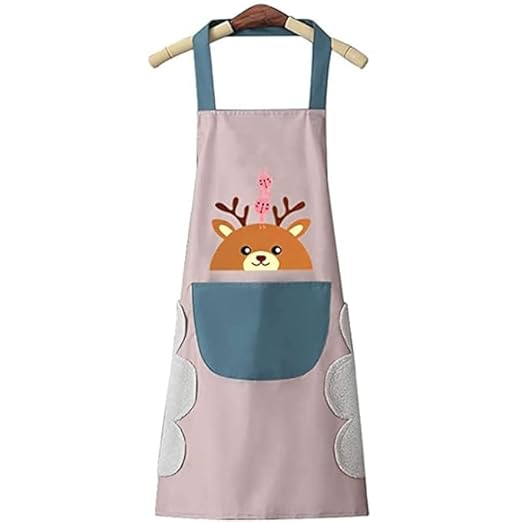 AIMERS Kitchen Apron with Hand Wipe Towel, Cute Deer Aprons With Pockets, Waterproof and Oil-proof Kitchen Aprons, Applicable for Home Kitchen, BBQ, Cofe, Hotel, Floral Shop - Pink Deer Apron