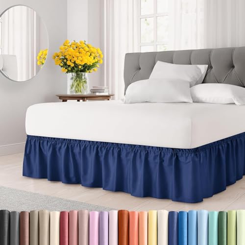 Image of Bed Skirt, King Size, 24 Inch Drop, Navy Blue | Wrap Around Dust Ruffle, Easy Fit Elastic Strap, Microfiber Pleated, Machine Washable