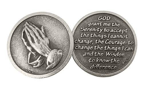 Silver Tone Serenity Prayer Praying Hands Pocket Prayer Token Medal,