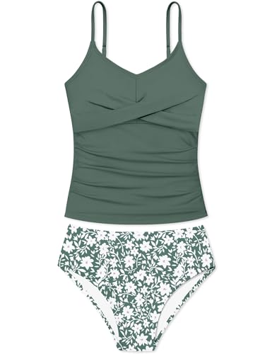 Image of Girls Swimsuit 2 Piece Bathing Suit Criss Cross Ruched Girl Tankini Sets Printed Girls' Swimwear for 9-18 Years