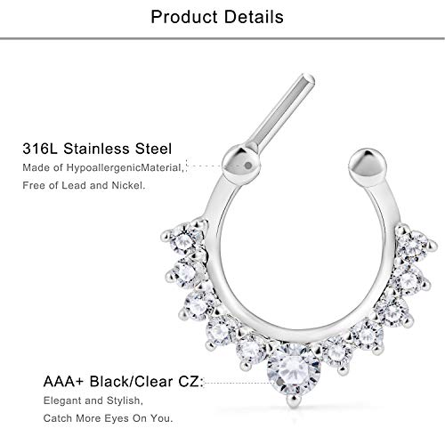Lcolyoli 6Pcs 16G Surgical Steel Hinged Seamless Septum Hoop Nose Ring With Clear Diamond Cz Horseshoe Barbell Cartilage Daith Conch Tragus Clicker Piercing Jewelry For Women Men Silver-Tone #TOP1