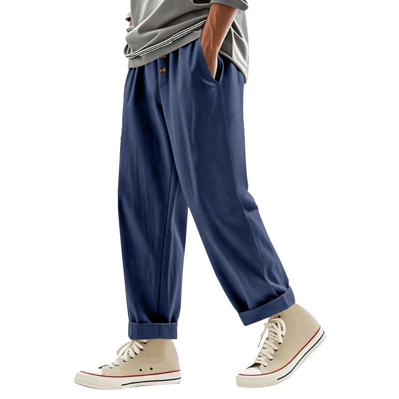 Mens Casual Linen Pants Elastic Waist Drawstring Yoga Trousers Pants Summer Loose Beach Pants with Pocket2