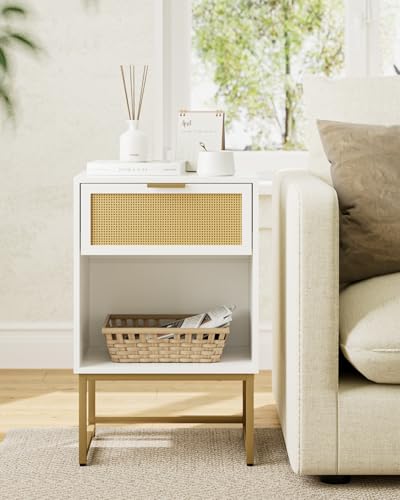 Image of Masupu Rattan Nightstand,Modern Night Stand Boho Farmhouse Wood Bedside Table with Storage Drawer Side End Table for Bedroom,Office,White