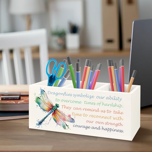 Image of Inspirational Dragonfly Wooden Pen Pencil Holder for Office Desk Accessories, Motivational Gifts for Women, Encouragement Gifts Makeup Brush Toothbrush Holder Organizer