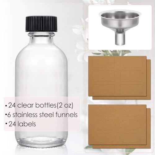 AOZITA 24 Pack, 2oz Small Clear Glass Boston Round Bottles with Lids & 6 Stainless Steel Funnels - Sample Bottles for Lab, Travel, DIY Oils, Decorative Use