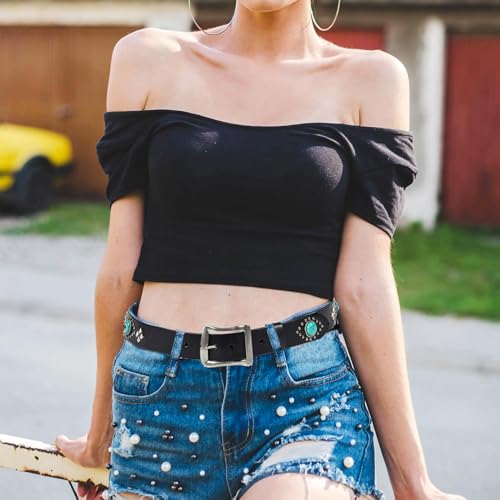 Western Belts for Women Men, Retro Cowboy Cowgirl Belts with with Turquoise and Rubine, Genuine Leather Punk Rock Belt2