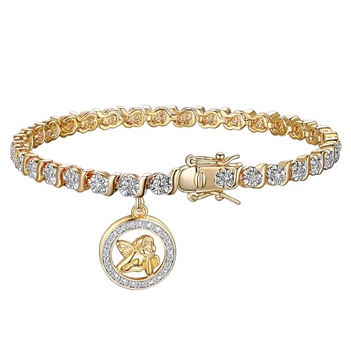 MORGAN & PAIGE Bronze 18k Yellow Gold Plated Diamond Accent Angel Tennis Bracelets for Women Trendy - Charm Womens Bracelets with Diamond Accent S-Link Chain 7.25 inch