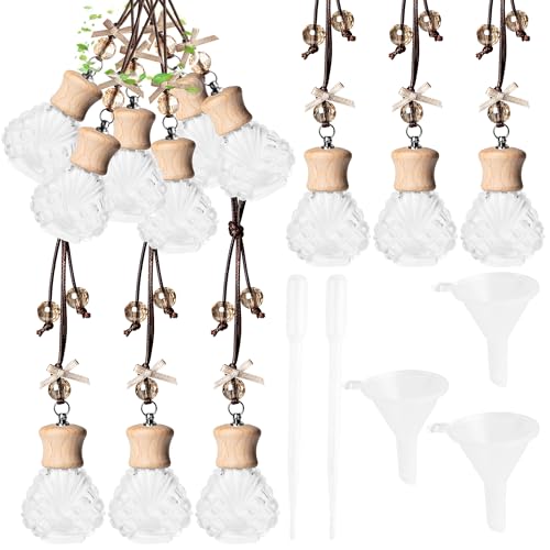 GTWYGT 6 Pack Leak-Proof Hanging Car Diffuser - 8ml Refillable Empty Bottles with Wood Caps, 3 Funnels & 2 Droppers - Essential Oil Air Freshener for Car, Home or Office (6, Seashell)