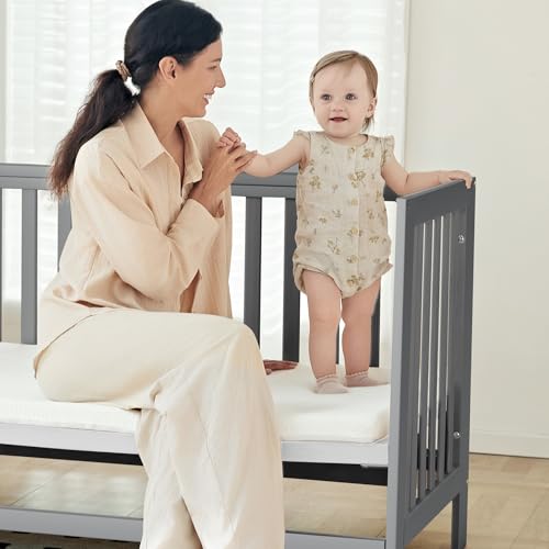 Image of MAMAZING EvoNest 11-in-1 Convertible Baby Crib with Wheels | Full Size Crib & Growing Bed, GREENGUARD Gold Certified, New Zealand Pine Wood, 4 Adjustable Heights, Rocking Mode, Grey