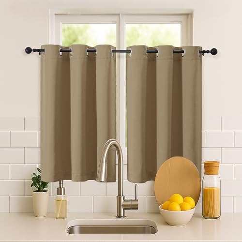 Image of Simplebrand Taupe Short Cafe Curtains 36 Inch Length 2 Panels Set, Half Window Grommet Privacy Drape Tiers for Kitchen, Thermal Insulated Room Darkening Curtains for Bathroom Shades, W40 x L36