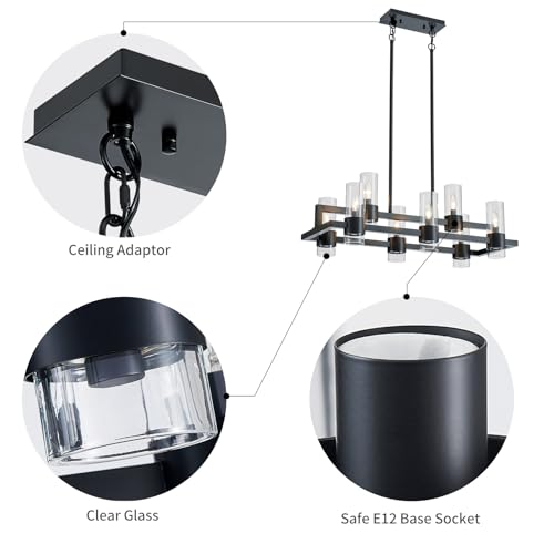 Image of WUZUPS Island Rectangle Chandelier 8-Light with Clear Glass Industrial Modern Farmhouse Linear Light Fixture for Dining Room Kithen Island, Width 33.5 inch Height 12.6 inch, Black