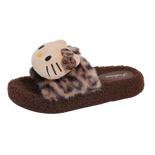 Cute Leopard Print Plush Slippers for Women – Soft Cozy Cartoon Cat Indoor/Outdoor House Shoes, Non-Slip, Adorable Face