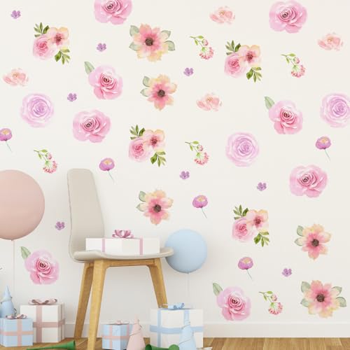 COMNICO 60pcs Pink Flower Wall Sticker Watercolor PVC Peel and Stick Wall Decals Cute Peony Floral and Leaves Pastel Flower Decor for Kids Bedroom Living Room Baby Nursery Kindergarten - Image 4
