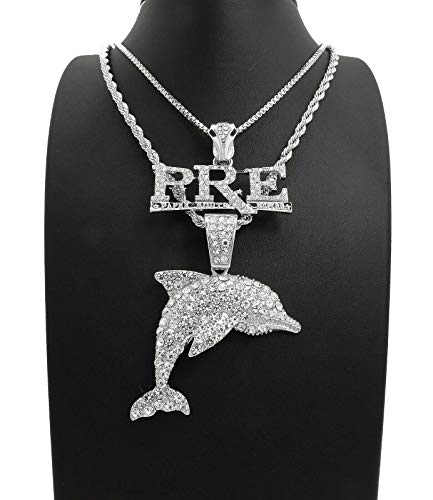 Hip Hop Jewelry Iced Silver Plated PRE & DOLPHIN Pendant & 20" Box, 24" Cuban Chain 2 Necklace Set2