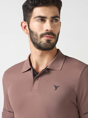 Image of TECHNOSPORT Men's Solid Slim Fit Polo Collar T-Shirt TECHNOCOOL+ Half Sleeve Button Polyester for Gym Running Workout UPF50+ Anti Odour
