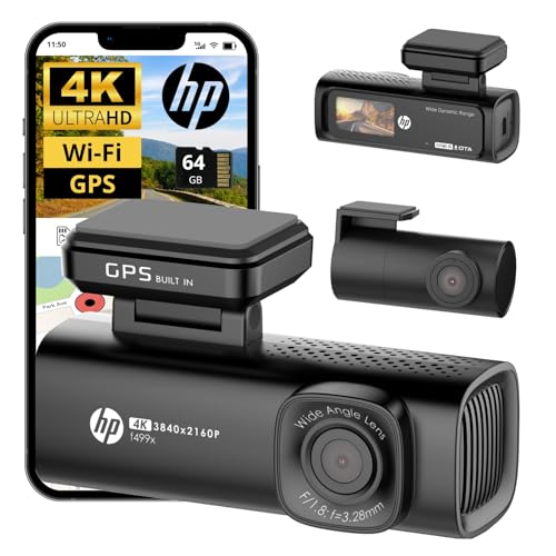 Image of HP 4K+1080P Dash Cam, Front and Rear Dash Camera for Cars, 1.5 inch LCD Screen, 64GB Card, Night Vision with WDR, Support Parking Mode, GPS Tracking, G-Sensor Accident Recording, Model f499x