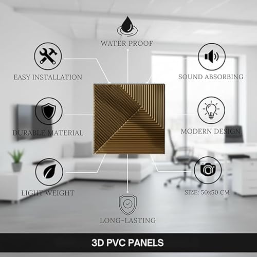 Image of Kayra Decor 3D PVC Wall Panels | Fluted Design - Golden Color | 19.7 inch x 19.7 inch (Pack of 40) - Covers 107.60 Sq. Ft | Premium Home & Office Wall Decoration
