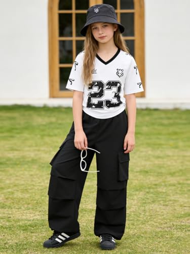 Image of Tween Girls Clothes Short Sleeve Graphic T-Shirt Top + Cargo Pants 2pcs Outfit Set, Size 7-15Years