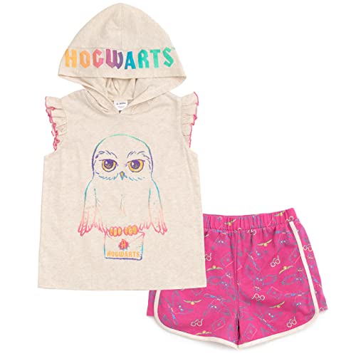 Harry Potter Hedwig Owl Big Girls Tank Top and Dolphin French Terry Shorts Outfit Set White/Pink 14-16