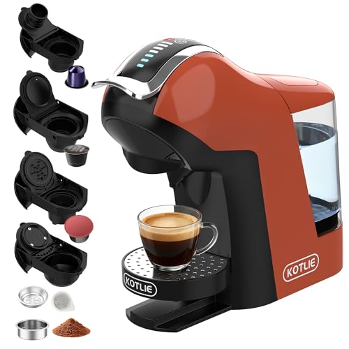 Upgrade Máquina de Cápsulas Café Espresso 5 en 1 19 Bar para Nespresso/Dolce Gusto/LAVAZZA MIO/LOR y Café Molido/ESE, Cafeteras Automáticas Pequeñas con Cápsulas, EM-308B (Naranja)