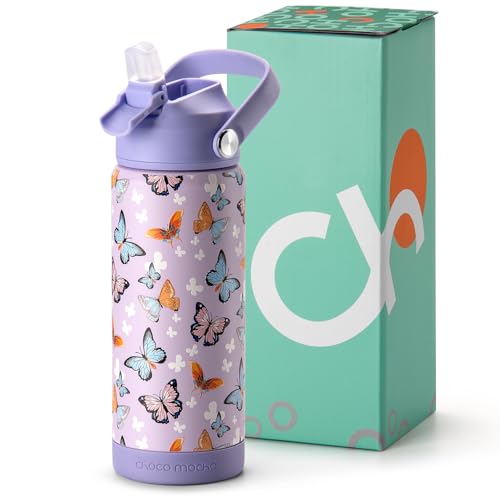 Image of Choco Mocha Kids Water Bottle For School, Kids Insulated Butterfly Water Bottle Stainless Steel for Girls, 18Oz Purple