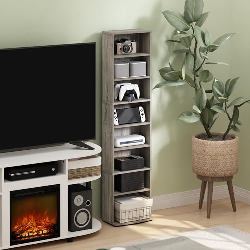 Image of Furinno Jaya DVD Shelf, 8-Tier Tall Narrow CD Rack, Media Shelf with Adjustable Shelves, DVD Storage Cabinets for CD Bluray Game Disc, Easy Assembly, for Living Room, Home Office, French Oak