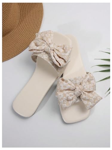 Gorglitter Women'S Floral Graphic Bow Decor Slide Sandals Square Open Toe Flats Beach Shoes Beige 7.5 thumb #3