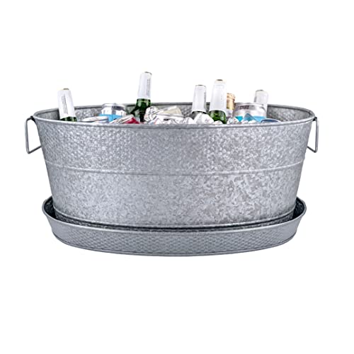 BREKX Aspen Ash Grey Galvanized Metal Beverage Tub for Parties w/Galvanized Tray, 25-Quart / 6 Gallon Bucket, Large Galvanized Bucket with Multifunctional Tray, Ice Cooler for Drinks with Metal Tray