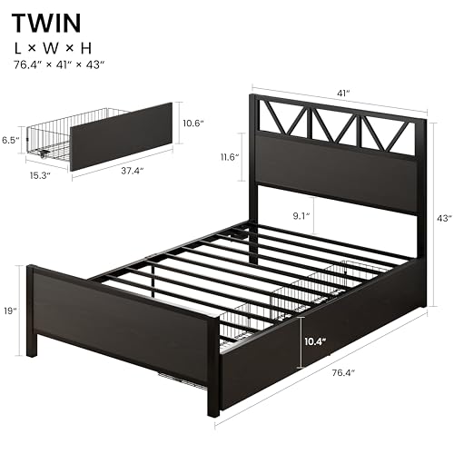 Image of LIKIMIO Twin Bed Frames with 2 Storage Drawers, Charging Station and LED Lights, Platform Twin Bed with Headboard, Strong Metal Slats, No Box Spring Needed, Easy Assembly, Noise-Free, Black
