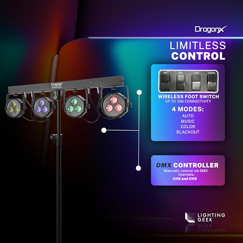 DragonX 4 Gig Bar DJ Lighting System | All-in-One LED Stage Lights with Stand, Foot Pedal & DMX Control | Portable Professional Strobe Lights for DJs, Bands, Weddings, Churches & Live Events