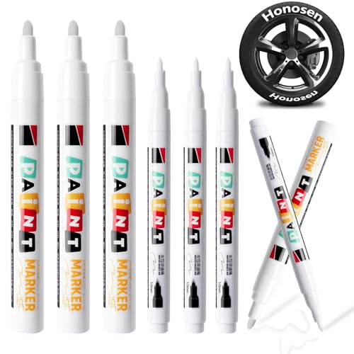 Honosen 6 Stück Reifenstift Weis Wasserfest, 1mm & 3mm Wasserfest Acrylstifte, Marker Stifte für Metall, Automobil Reifen Malwerkzeuge, Autoreifen, Glas, Metall, Stifte für Autoreifenbeschriftung