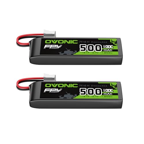 OVONIC 3.7V 100C 500mAh 1S LiPo Battery with JST (2 Pack)