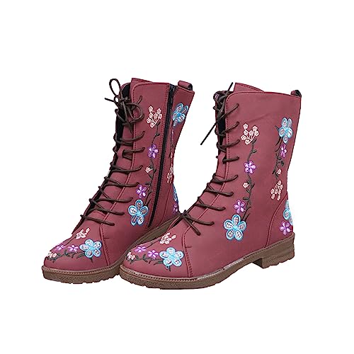 Futezty Hiking Boots Women Lug Sole Combat Boots Lace-Up Motorcycle Platform Ankle Short Booties Gothic Bootie, By-red, 6.5