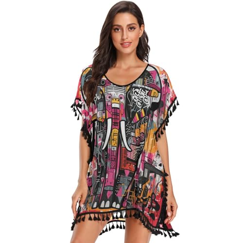 Abstract Art Majestic Elephant Women's Beach Cover Up Chiffon Tassel Swimwear Swimsuit Coverups for Girl