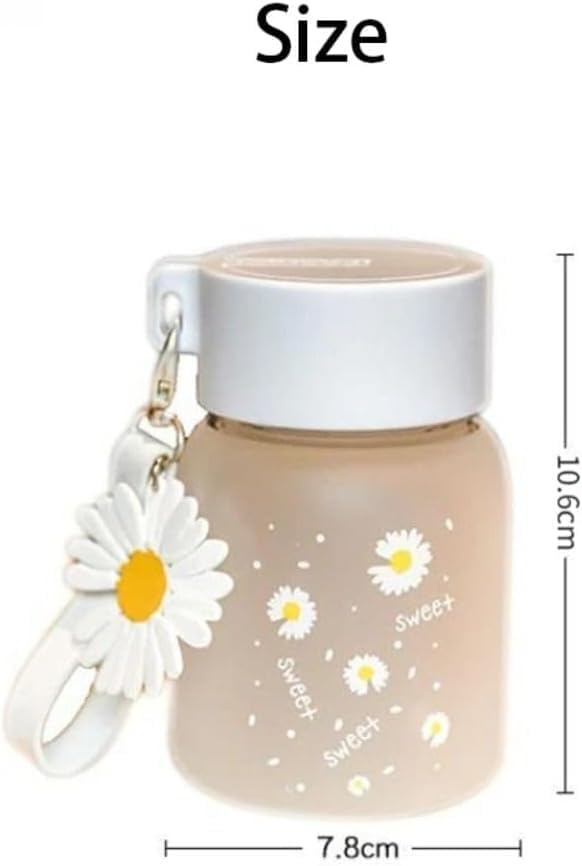 Image of Cute Flower Glass Water Bottle with Lid & Daisy Keychain | Frosted Aesthetic Reusable Milk Juice Coffee Tumbler | Leak Proof Eco-Friendly Travel Cup for Girls & Women - 300ml (2 Pcs)