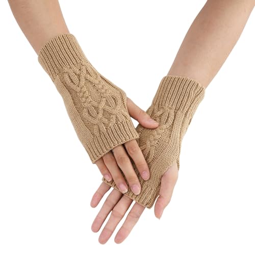 Open Toe Fashion Mittens, Autumn Winter Knit With Patchwork Embroidery Touchscreen Fleece Lined,Coffee,One Size,Yellow,One Size