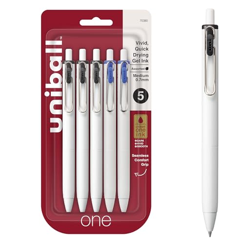 uniball one Retractable Gel Pens, Medium Point (0.7mm), Black and Blue Ink, 5 Pack